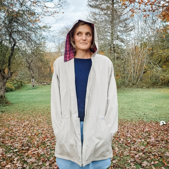 VINTAGE Raggs Oversized Beige Hooded Dolman Jacket with Red Plaid Accent - Picture 1 of 6